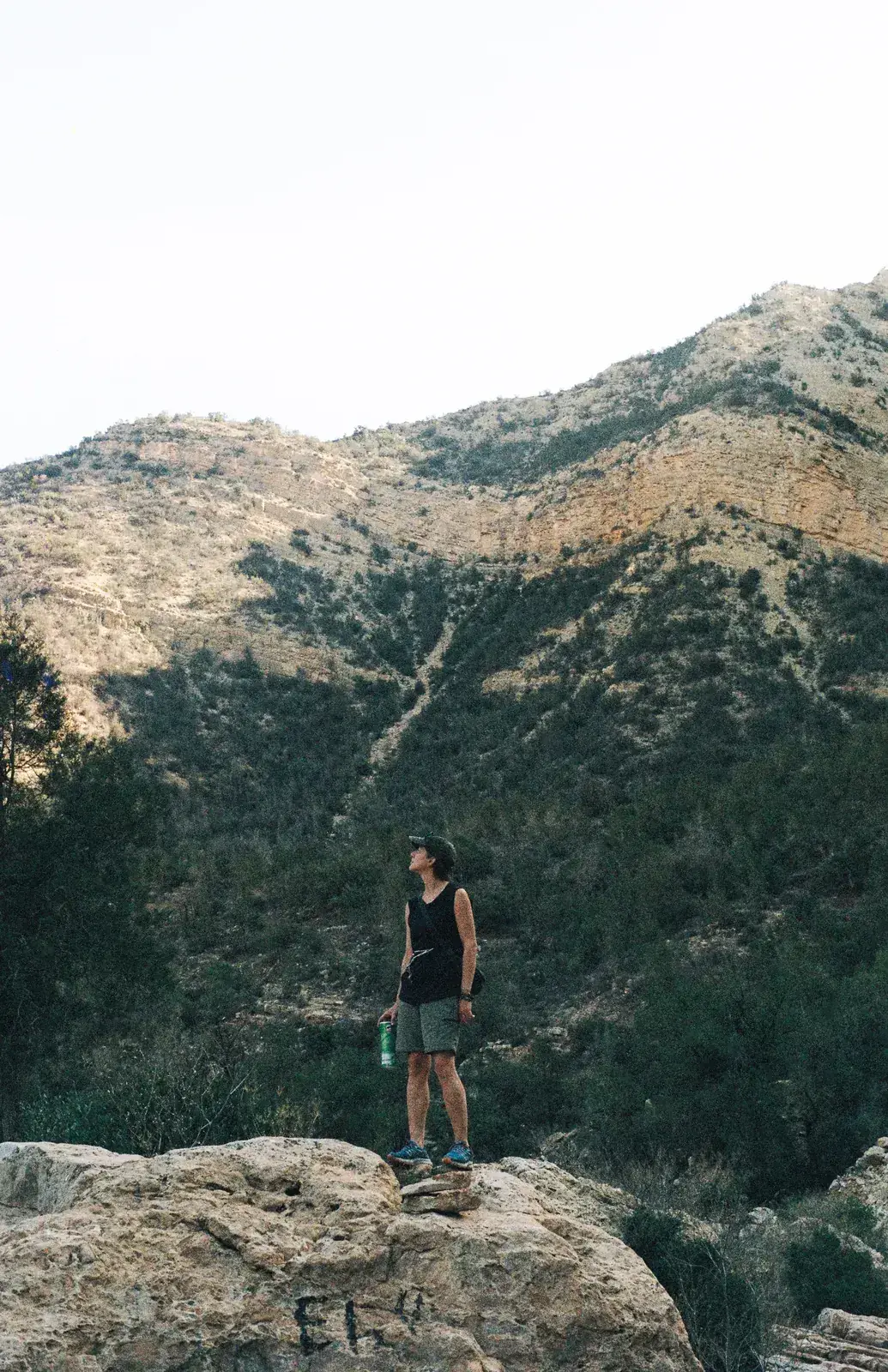 Hiker on a boulder looking up at the mountains