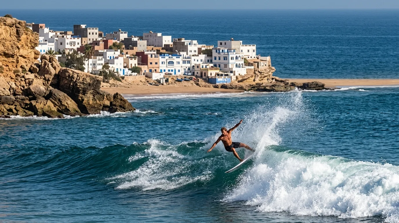 Surfer carving a turn on a blue wave in front of a white clifftop village