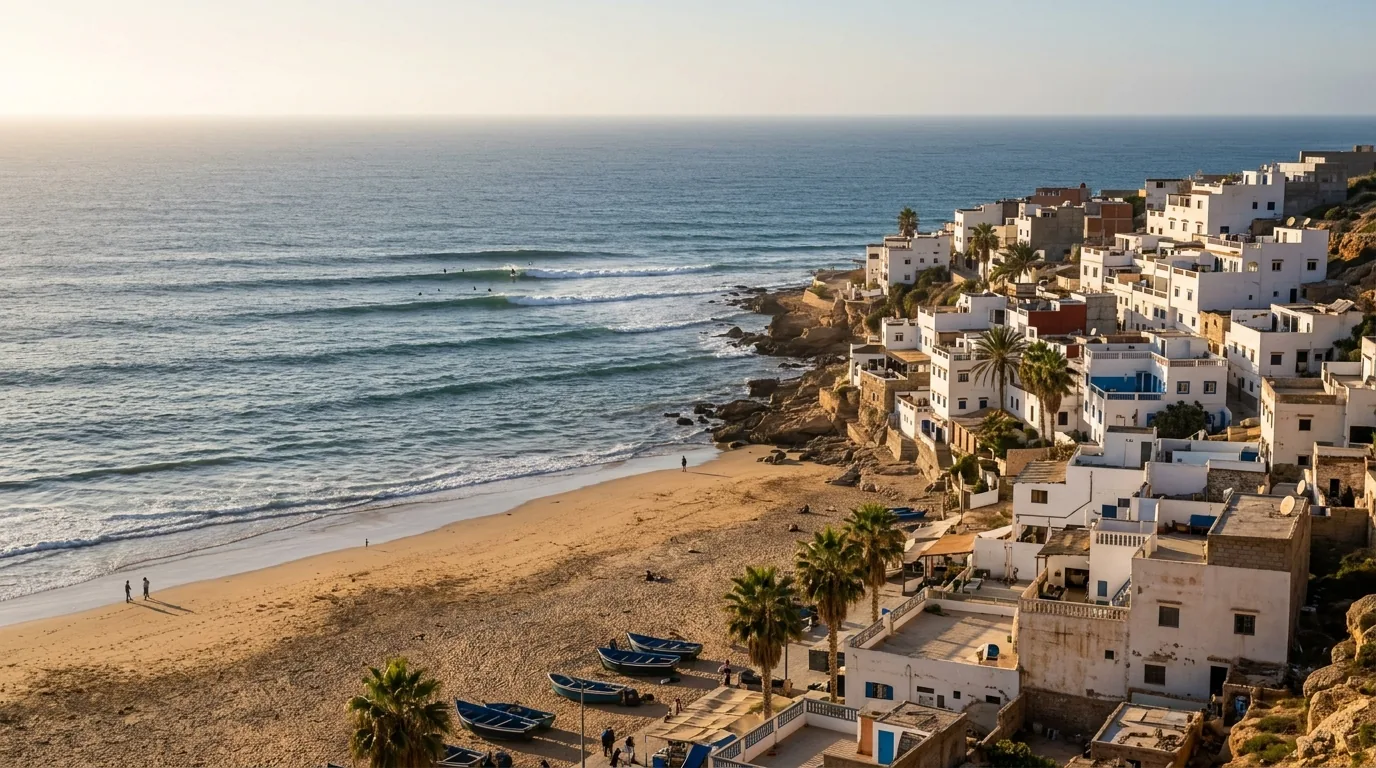 Surfers waiting for sets in front of a white seaside village and fishing boats