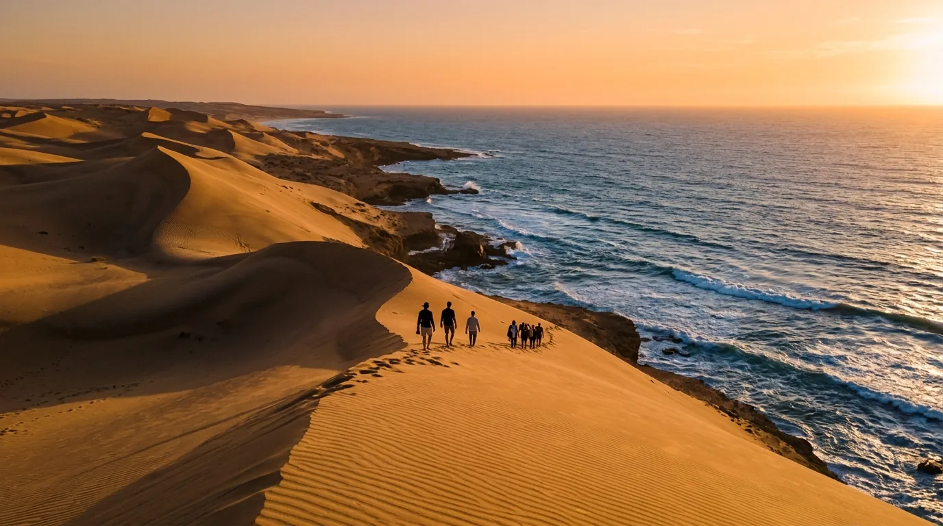 Group walking along a sand dune crest above the sea at sunset