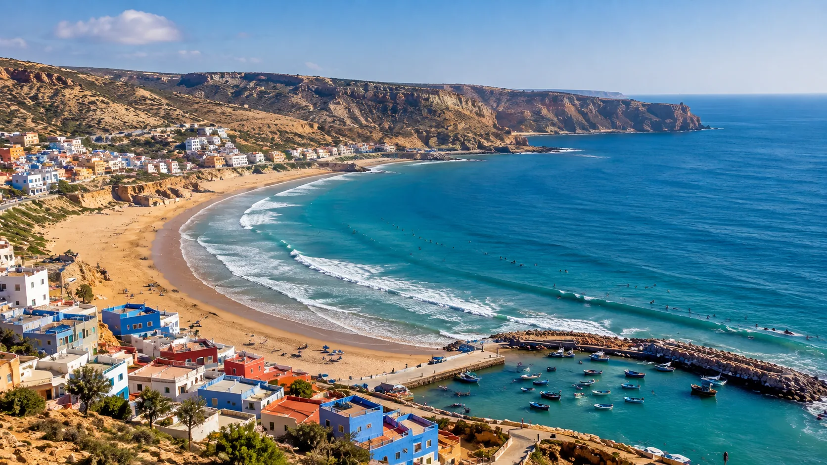 Wide bay with rolling waves, a fishing harbour and hillside houses