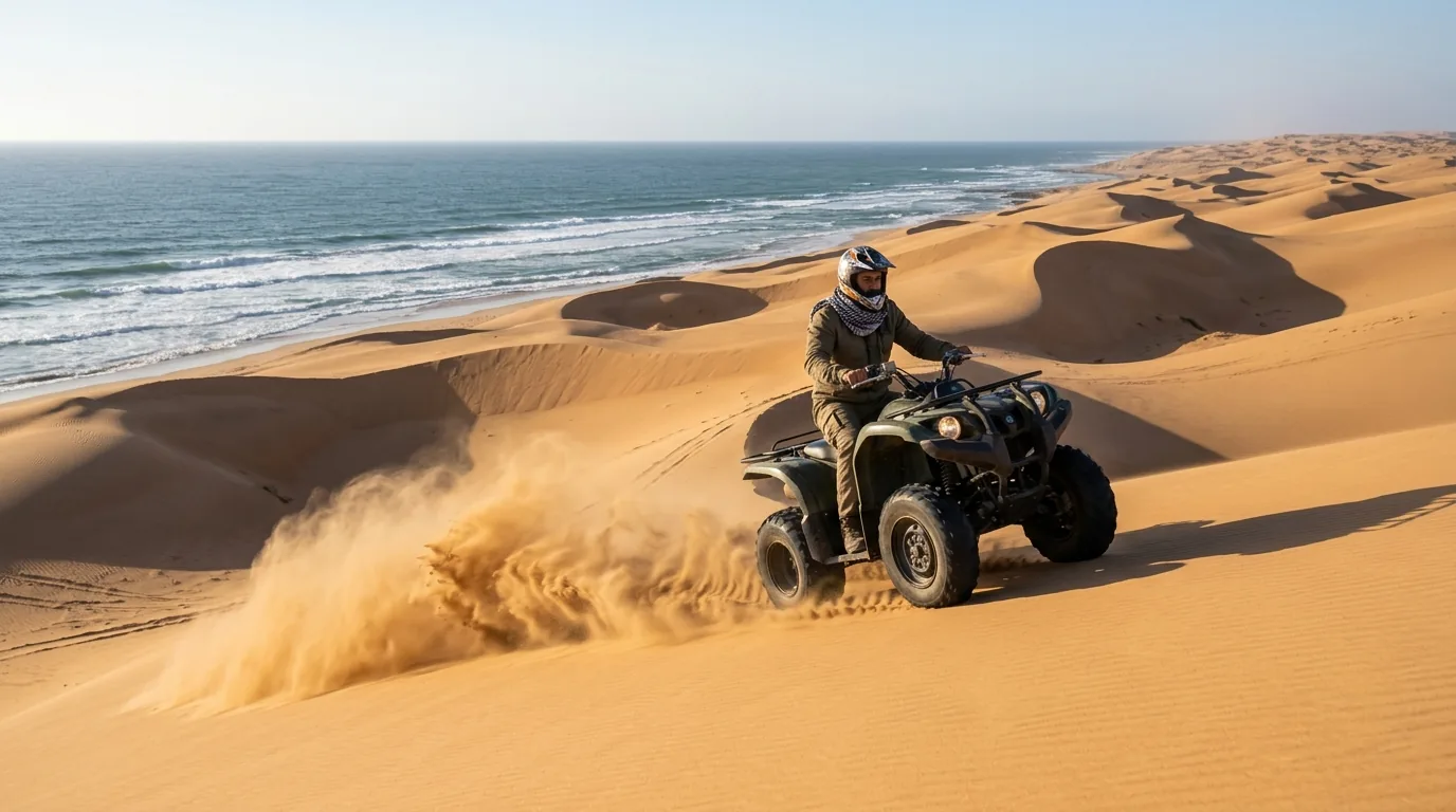 Quad bike kicking up sand on golden dunes above the Atlantic