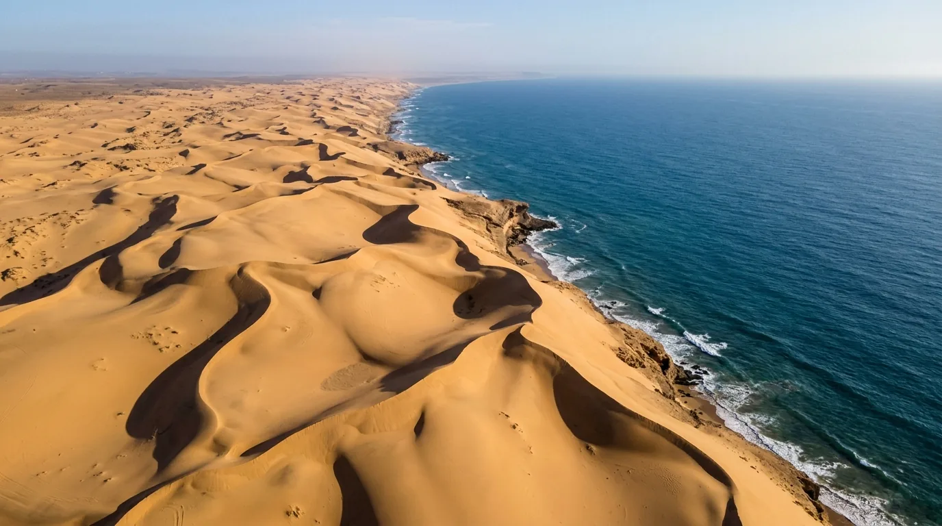 Aerial view of golden sand dunes meeting the Atlantic coast
