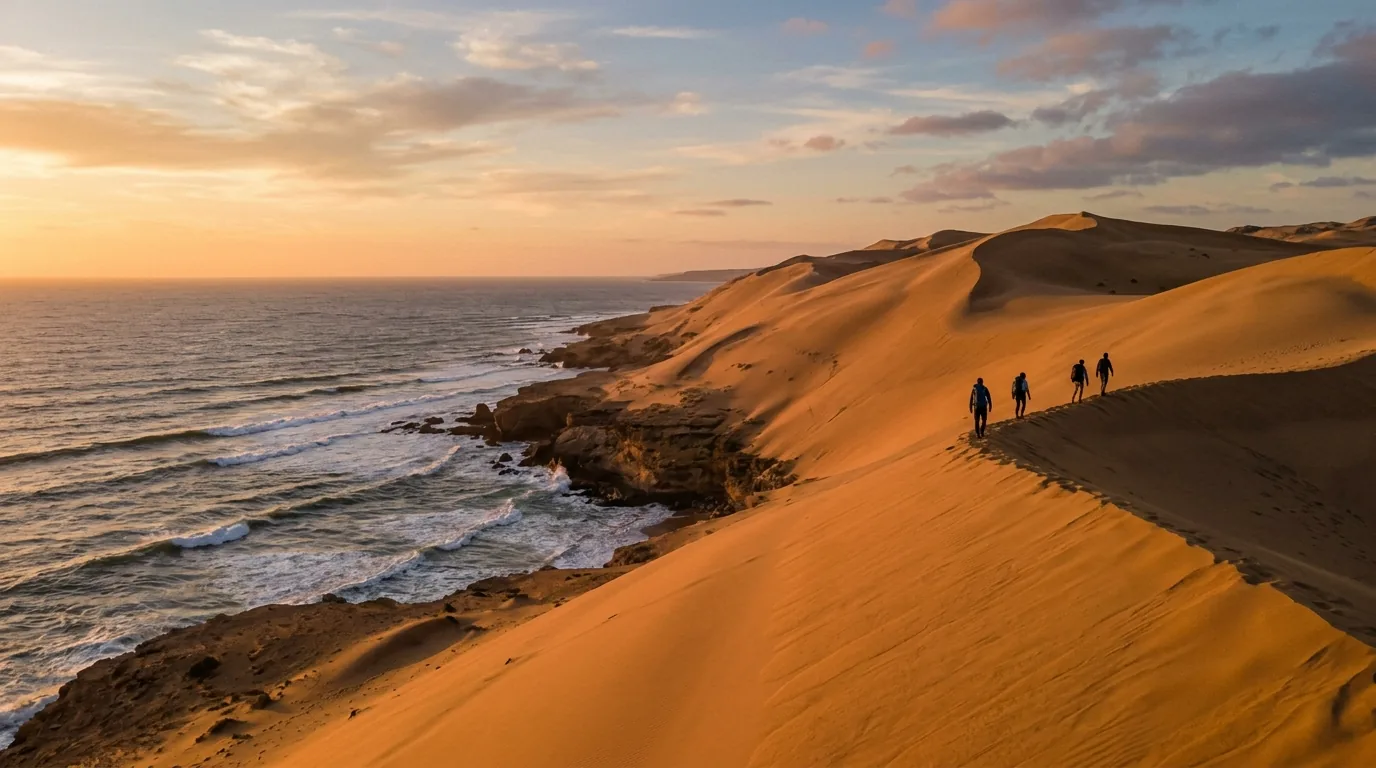 Hikers walking a dune ridge above the ocean at golden hour