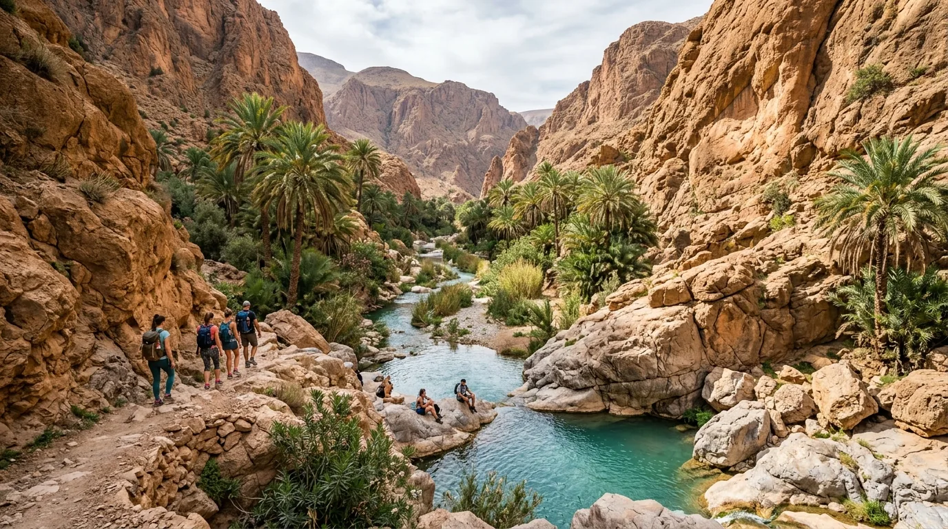 Hikers beside turquoise river pools in a palm-lined canyon