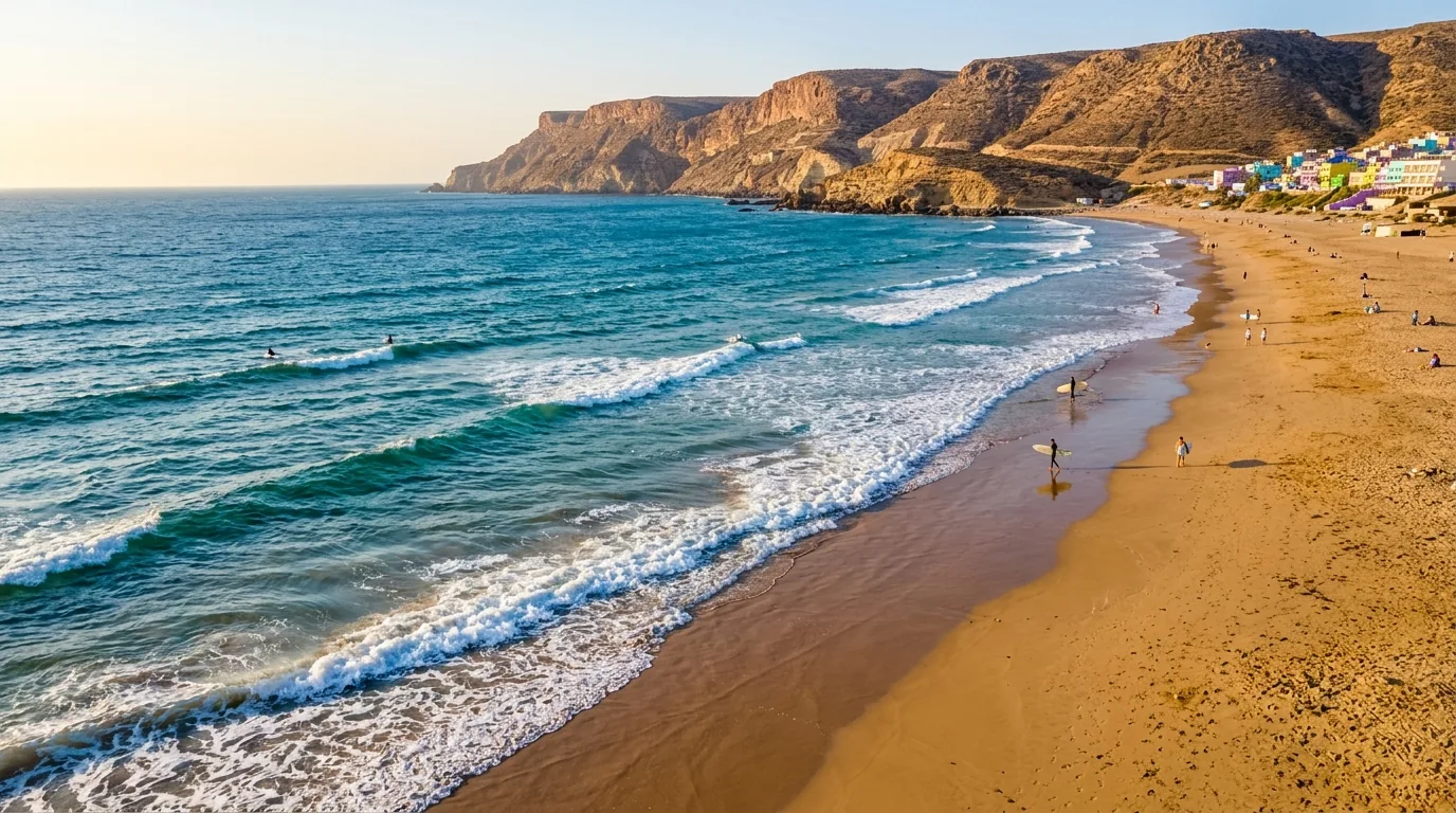 Long sandy beach with surfers walking to the waves below golden cliffs