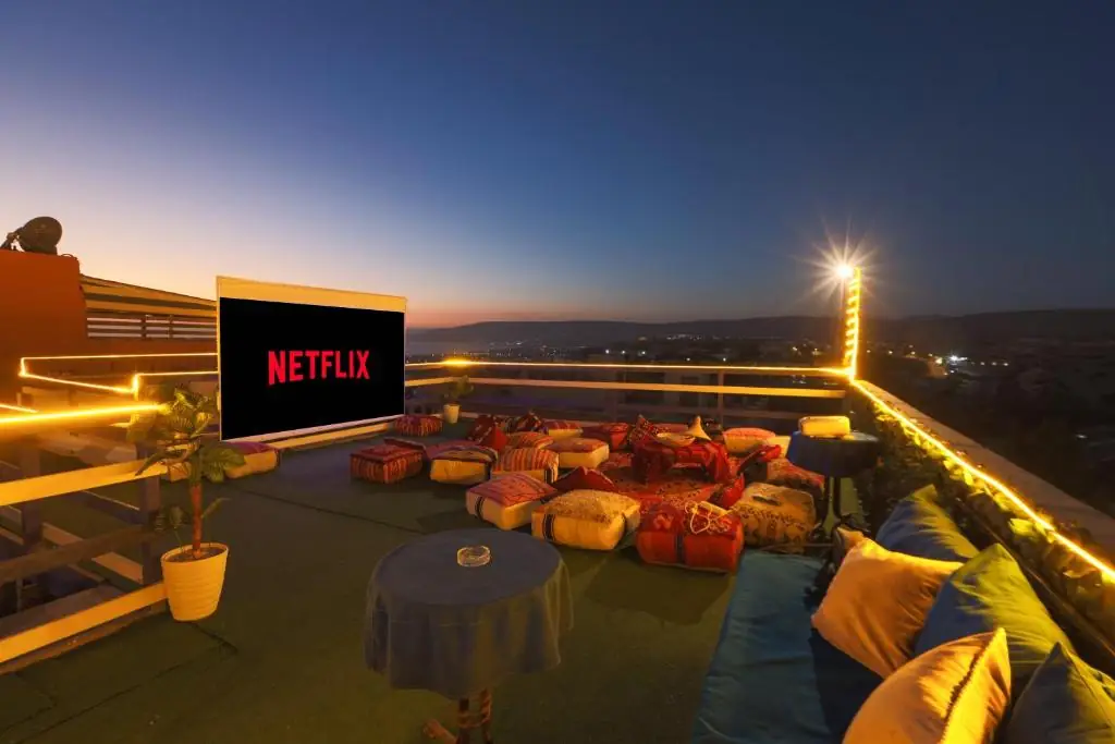 Rooftop cinema at sunset