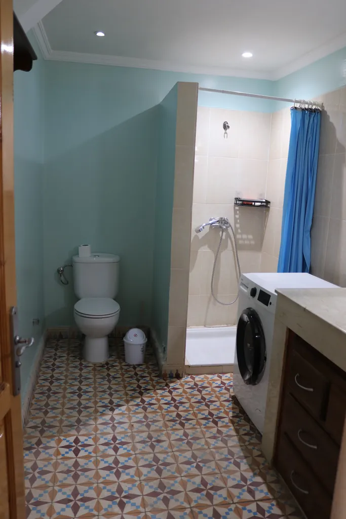 Bathroom with shower, toilet and washing machine